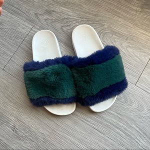 Urban outfitters fluffy slippers green navy blue